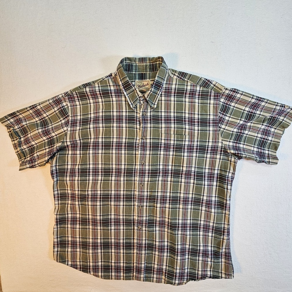 Woolrich Shirt Mens 2XL  Green‎ & Red Button Down Plaid Cotton Short Sleeve
